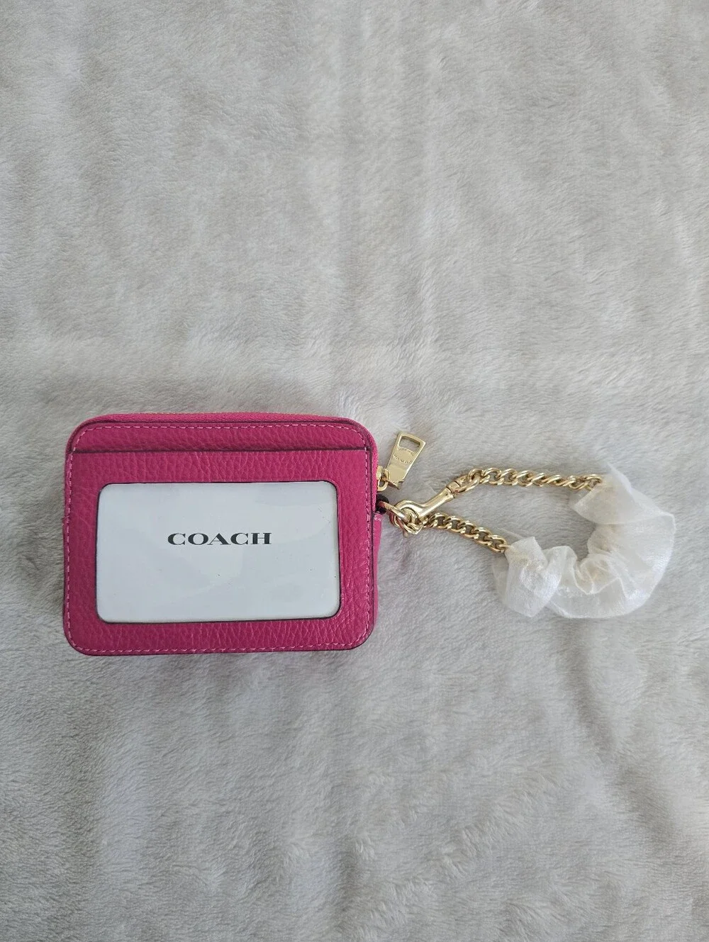 COACH Bold Pink Leather Card Case with Gold Chain
